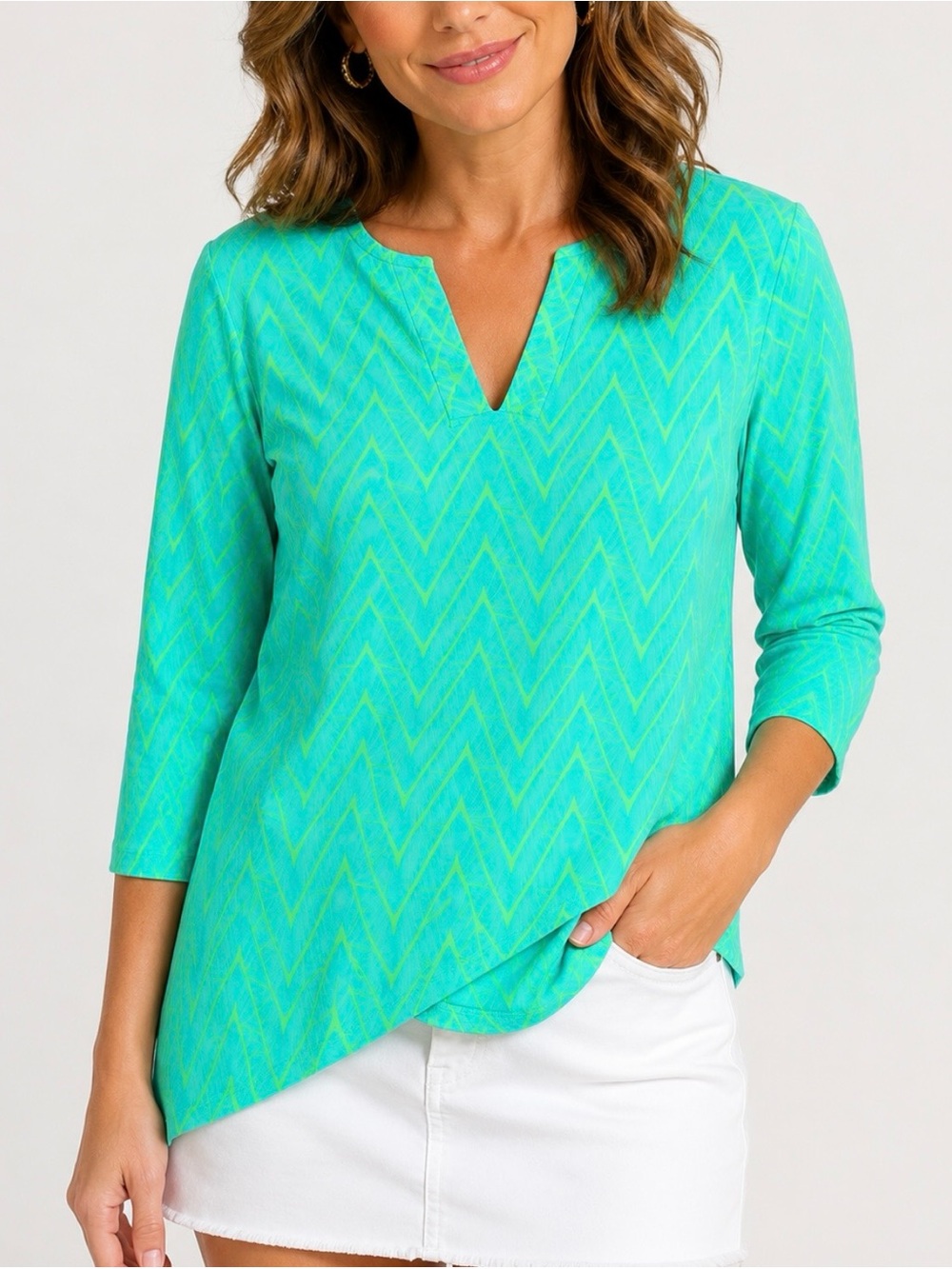 Escapada Aqua Chevron Split V-Neck Tunic Top